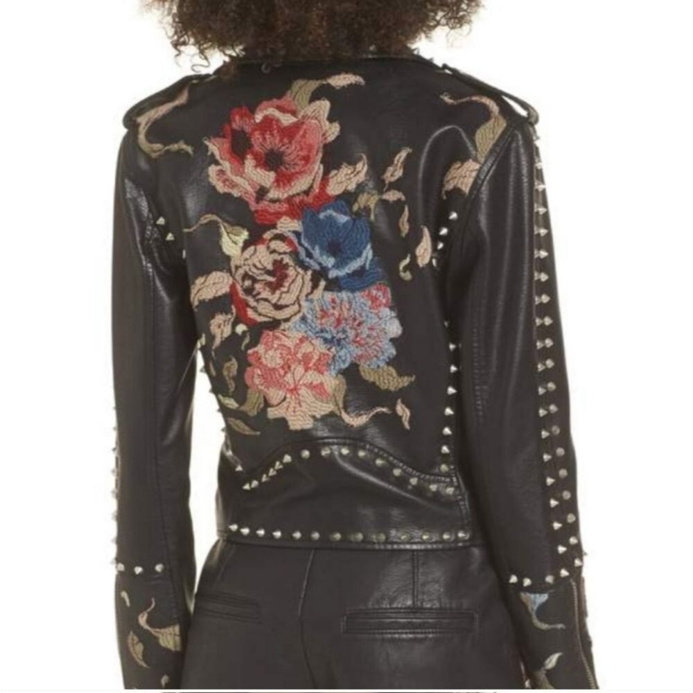 Blank NYC Small Embroidered Budding Romance Vegan Jacket Like New Studded